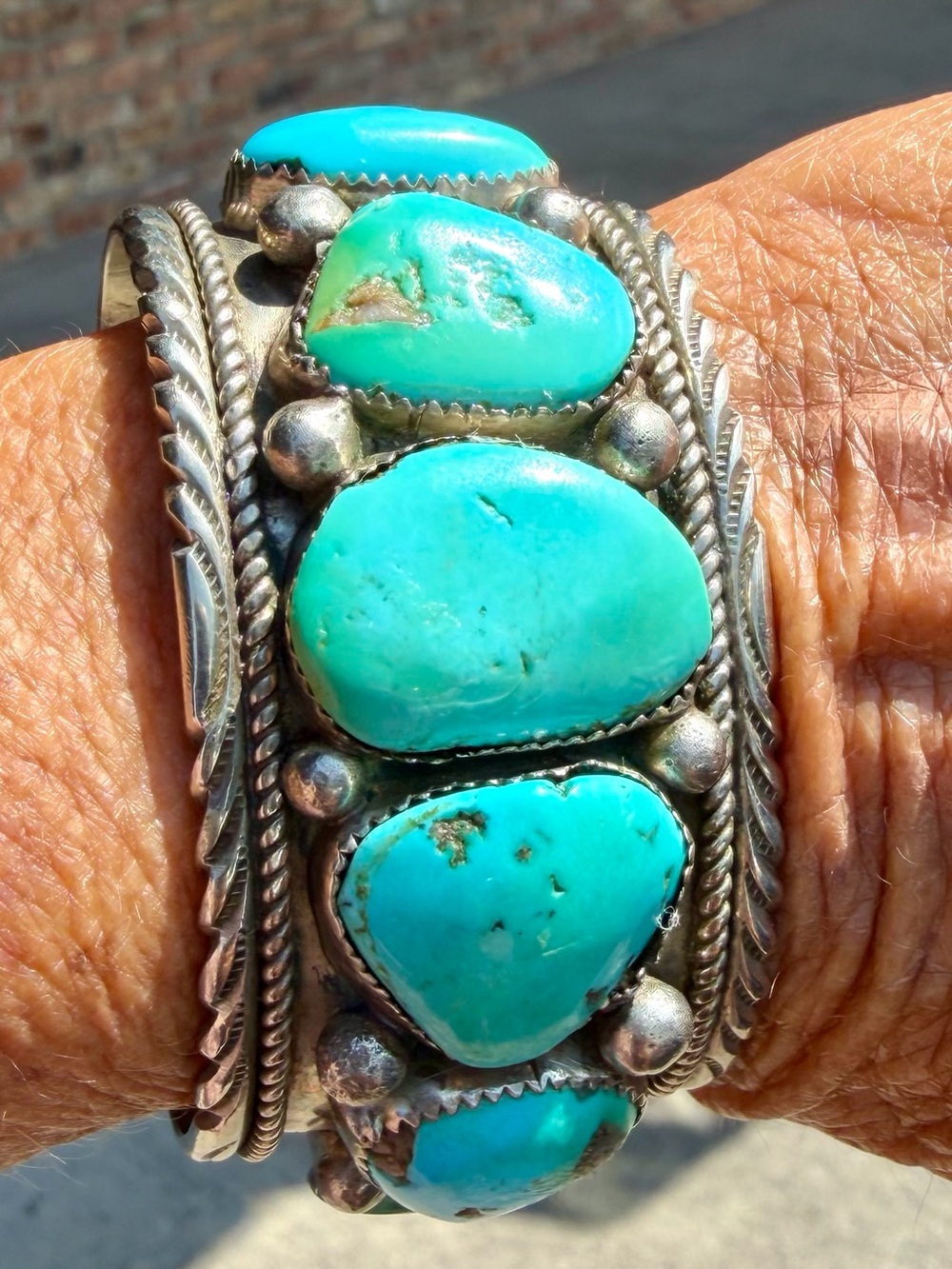 Vintage 7 Stone Turquoise/Sterling Silver Cuff Bracelet, Artist Stamped DM